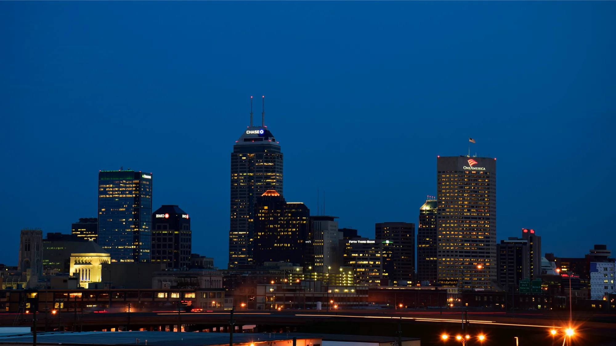 Downtown Indianapolis skyline at night
